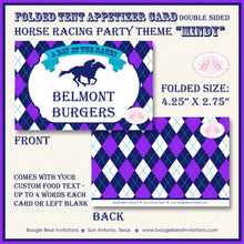 Load image into Gallery viewer, Horse Racing Birthday Party Favor Card Tent Appetizer Place Sign Purple Blue Kentucky Derby Jockey Track Boogie Bear Invitations Mindy Theme