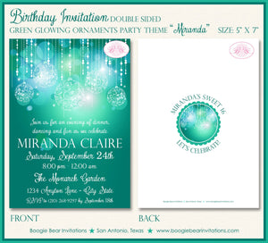 Green Glowing Ornament Birthday Party Invitation Aqua Turquoise Teal Girl Boogie Bear Invitations Miranda Theme Paperless Printable Printed