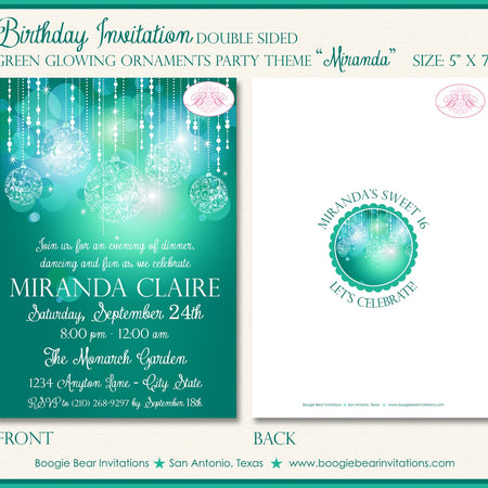Green Glowing Ornament Birthday Party Invitation Aqua Turquoise Teal Girl Boogie Bear Invitations Miranda Theme Paperless Printable Printed