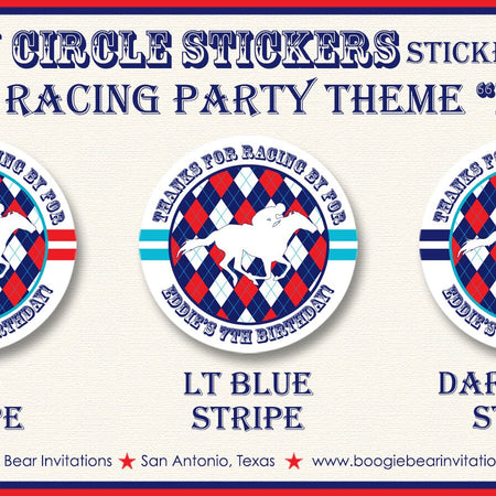 Horse Racing Birthday Party Stickers Circle Sheet Round Tag Red Blue Kentucky Race Track Derby Argyle Boogie Bear Invitations Eddie Theme