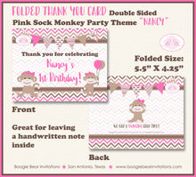 Load image into Gallery viewer, Pink Sock Monkey Party Thank You Cards Birthday Girl Wild Zoo Jungle Amazon Forest Brown Swing Boogie Bear Invitations Nancy Theme Printed