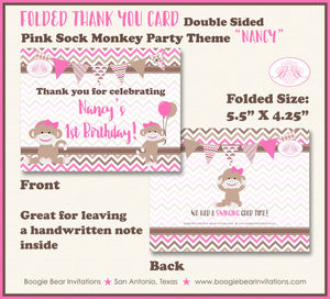 Pink Sock Monkey Party Thank You Cards Birthday Girl Wild Zoo Jungle Amazon Forest Brown Swing Boogie Bear Invitations Nancy Theme Printed
