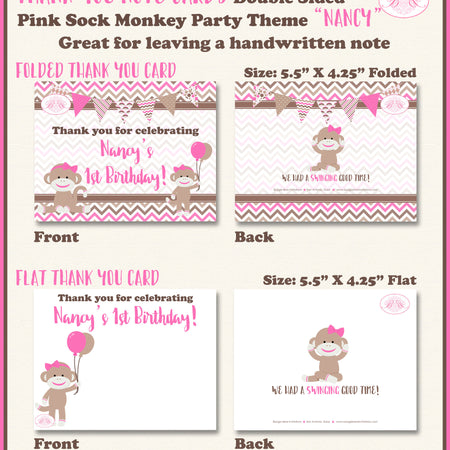 Pink Sock Monkey Party Thank You Cards Birthday Girl Wild Zoo Jungle Amazon Forest Brown Swing Boogie Bear Invitations Nancy Theme Printed