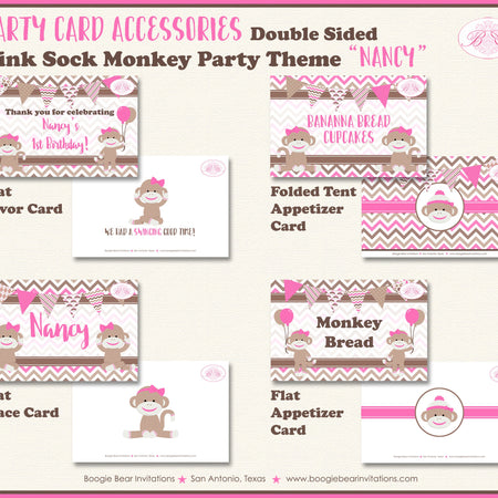 Pink Sock Monkey Birthday Favor Party Card Tent Place Food Appetizer Tag Girl Wild Zoo Jungle Amazon Boogie Bear Invitations Nancy Theme