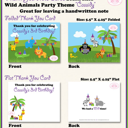 Wild Animals Party Thank You Card Birthday Jungle Safari Zoo Boy Girl Tiger Zebra Elephant Set Boogie Bear Invitations Cassidy Theme Printed