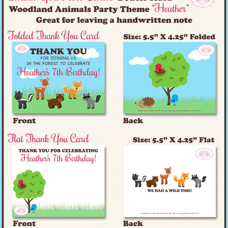 Woodland Animals Party Thank You Card Birthday Girl Pink Forest Creatures Outdoor Picnic Tree Boogie Bear Invitations Heather Theme Printed