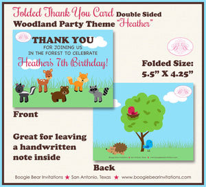 Woodland Animals Party Thank You Card Birthday Girl Pink Forest Creatures Outdoor Picnic Tree Boogie Bear Invitations Heather Theme Printed