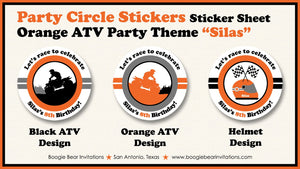 Orange ATV Birthday Party Stickers Circle Sheet Round Girl Boy Black All Terrain Vehicle Quad 4 Wheeler Boogie Bear Invitations Silas Theme