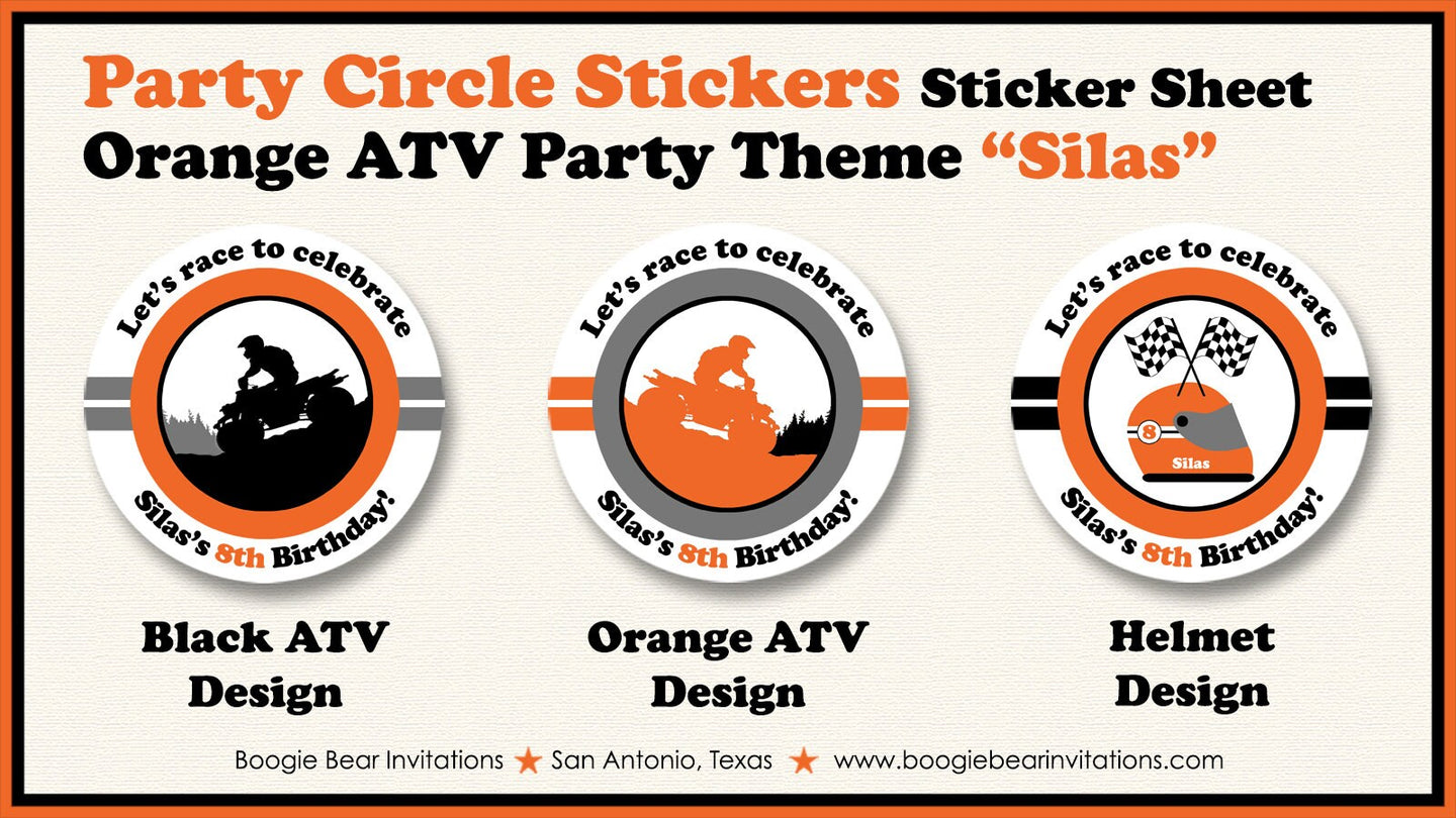 Orange ATV Birthday Party Stickers Circle Sheet Round Girl Boy Black All Terrain Vehicle Quad 4 Wheeler Boogie Bear Invitations Silas Theme