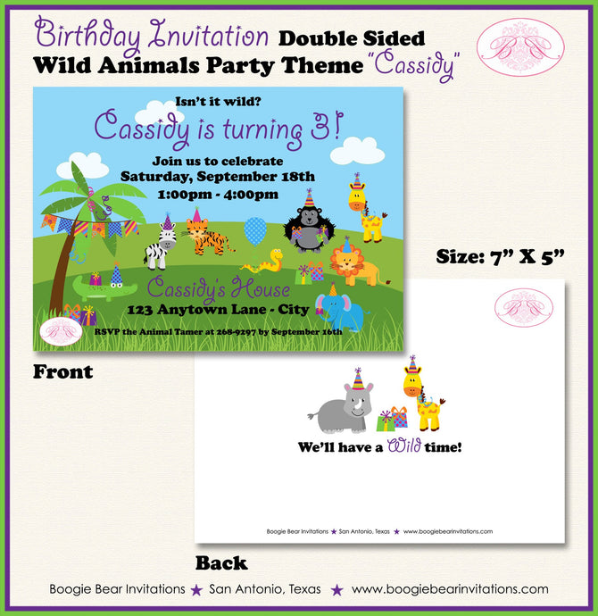 Wild Animals Birthday Party Invitation Jungle Safari Zoo Exotic Giraffe Boogie Bear Invitations Cassidy Theme Paperless Printable Printed