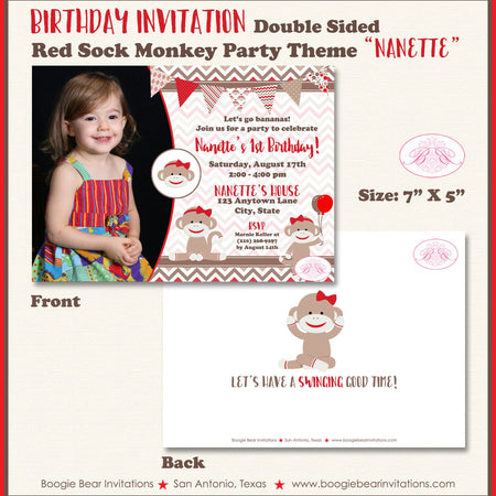 Red Sock Monkey Party Invitation Birthday Photo Girl Wild Zoo Jungle Swing Boogie Bear Invitations Nanette Theme Paperless Printable Printed