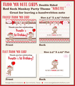 Red Sock Monkey Party Thank You Cards Birthday Girl Boy Zoo Jungle Amazon Forest Brown Swing Boogie Bear Invitations Nanette Theme Printed