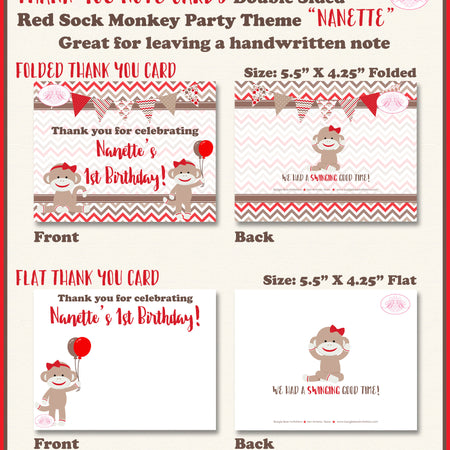 Red Sock Monkey Party Thank You Cards Birthday Girl Boy Zoo Jungle Amazon Forest Brown Swing Boogie Bear Invitations Nanette Theme Printed