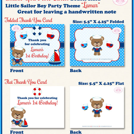 Nautical Sailor Boy Party Thank You Cards Birthday Boat Red Blue Sail Little Swim Swimming Pool Boogie Bear Invitations Lamar Theme Printed
