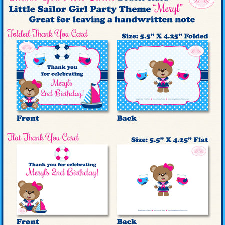 Nautical Sailor Girl Party Thank You Cards Birthday Boat Pink Blue Sail Little Swimming Pool Boogie Bear Invitations Meryl Theme Printed