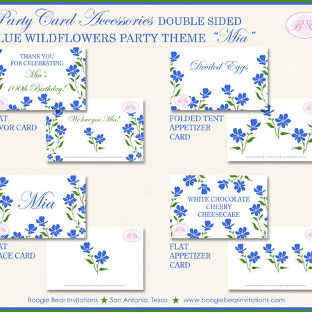 Blue Flowers Birthday Favor Party Card Tent Appetizer Place Girl Bluebonnets Wildflower Garden Wild Summer Boogie Bear Invitations Mia Theme