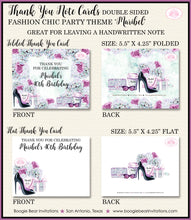 Load image into Gallery viewer, Fashion Chic Party Thank You Cards Birthday Purple Green Heels Shopping &amp; Co Present Flowers Boogie Bear Invitations Maribel Theme Printed