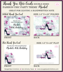 Fashion Chic Party Thank You Cards Birthday Purple Green Heels Shopping & Co Present Flowers Boogie Bear Invitations Maribel Theme Printed