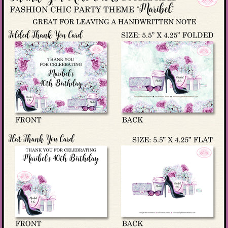 Fashion Chic Party Thank You Cards Birthday Purple Green Heels Shopping & Co Present Flowers Boogie Bear Invitations Maribel Theme Printed