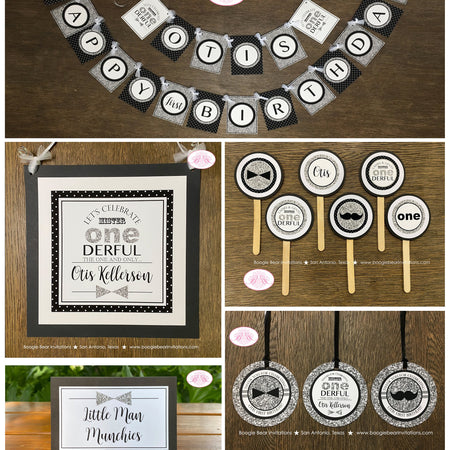 Mr. Wonderful Birthday Party Package Boy Little Man Navy Black Silver Grey White Onederful Banner 1st 2nd Boogie Bear Invitations Otis Theme