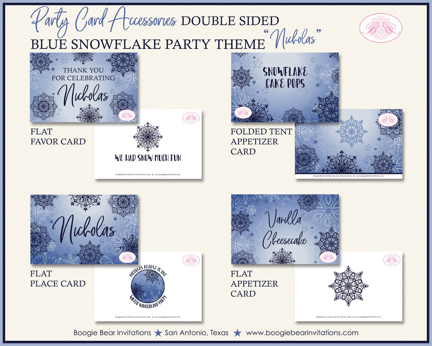 Blue Snowflake Birthday Favor Party Card Tent Place Food Appetizer Tag Winter Christmas Navy Snow Boy Boogie Bear Invitations Nicholas Theme