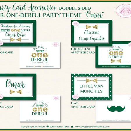 Mr. Wonderful Birthday Party Favor Card Tent Appetizer Food Place Boy Green Gold Onederful 1st Boogie Bear Invitations Omar Theme Printed