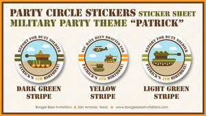 Military Birthday Party Stickers Circle Sheet Army Navy Air Force Marines Camo Green Tank Active Duty Boogie Bear Invitations Patrick Theme