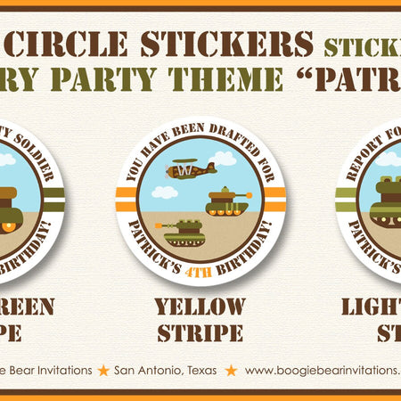 Military Birthday Party Stickers Circle Sheet Army Navy Air Force Marines Camo Green Tank Active Duty Boogie Bear Invitations Patrick Theme