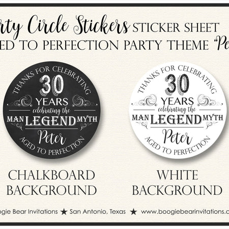 Vintage Dude Birthday Party Stickers Circle Sheet Round Chalkboard Aged to Perfection Whisky Boy Adult Boogie Bear Invitations Peter Theme