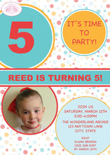 Load image into Gallery viewer, Bubble Photo Birthday Party Invitation Bounce Girl Boy Gender Neutral Retro Boogie Bear Invitations Reed Theme Paperless Printable Printed