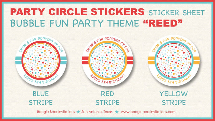 Bubble Birthday Party Stickers Circle Sheet Bubbles Bounce House Girl Boy Gender Neutral Retro Red Blue Boogie Bear Invitations Reed Theme