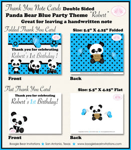 Blue Panda Bear Birthday Party Thank You Card Black White Butterfly Wild Zoo Jungle Animals Boy Boogie Bear Invitations Robert Theme Printed