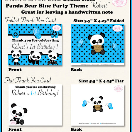 Blue Panda Bear Birthday Party Thank You Card Black White Butterfly Wild Zoo Jungle Animals Boy Boogie Bear Invitations Robert Theme Printed
