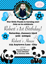 Load image into Gallery viewer, Blue Panda Bear Birthday Party Invitation Photo Boy Wild Zoo Jungle Black Boogie Bear Invitations Robert Theme Paperless Printable Printed