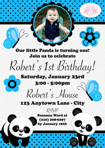 Blue Panda Bear Birthday Party Invitation Photo Boy Wild Zoo Jungle Black Boogie Bear Invitations Robert Theme Paperless Printable Printed