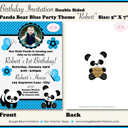 Blue Panda Bear Birthday Party Invitation Photo Boy Wild Zoo Jungle Black Boogie Bear Invitations Robert Theme Paperless Printable Printed