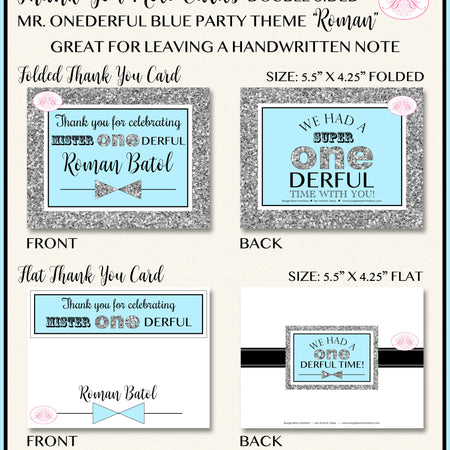 Mr. Wonderful Party Thank You Card Birthday Little Bow Tie Boy Blue Silver ONE Onederful 1st Boogie Bear Invitations Roman Theme Printed