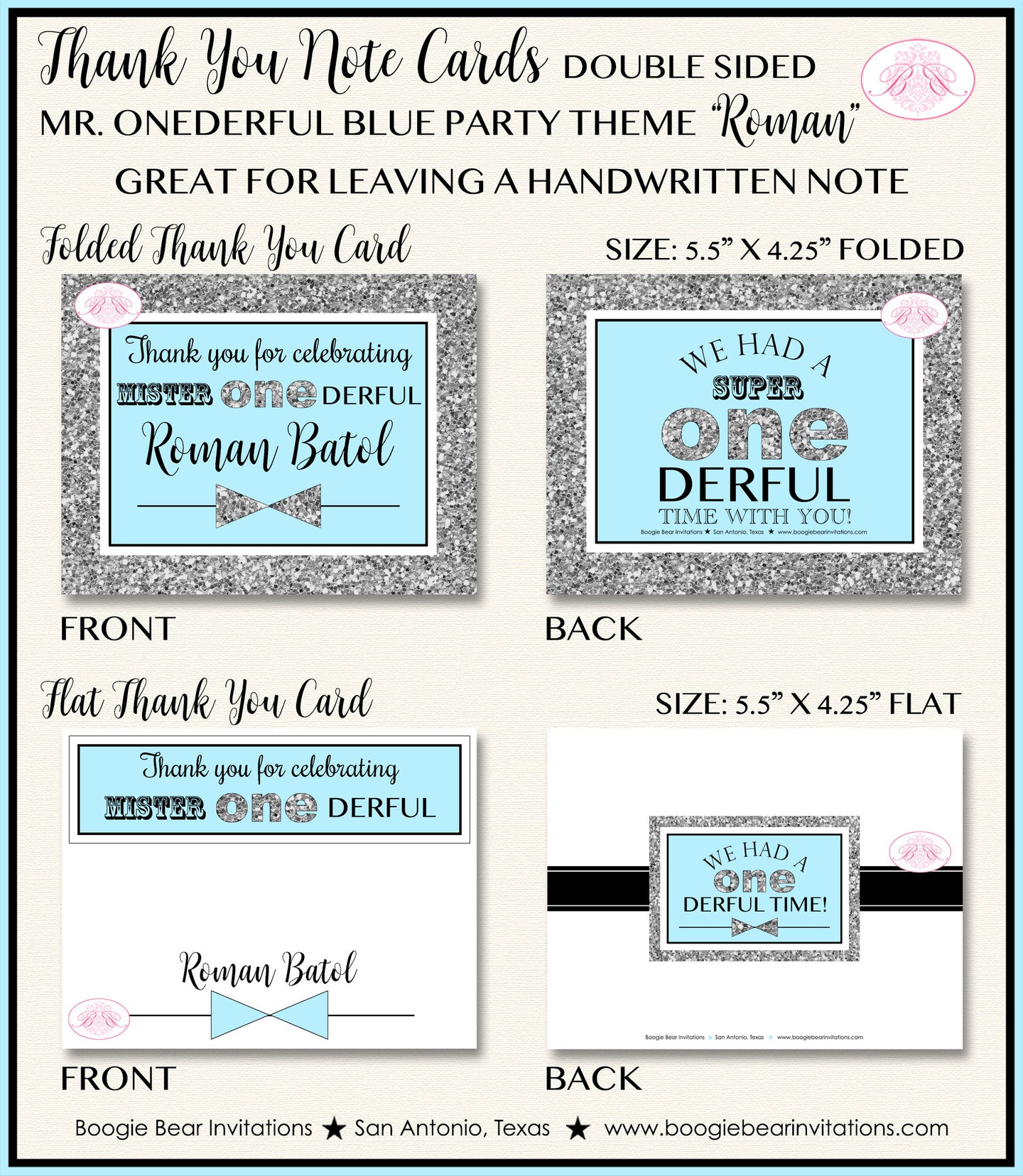 Mr. Wonderful Party Thank You Card Birthday Little Bow Tie Boy Blue Silver ONE Onederful 1st Boogie Bear Invitations Roman Theme Printed