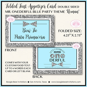 Mr. Wonderful Birthday Party Favor Card Tent Appetizer Food Place Boy Blue Silver Onederful 1st Boogie Bear Invitations Roman Theme Printed