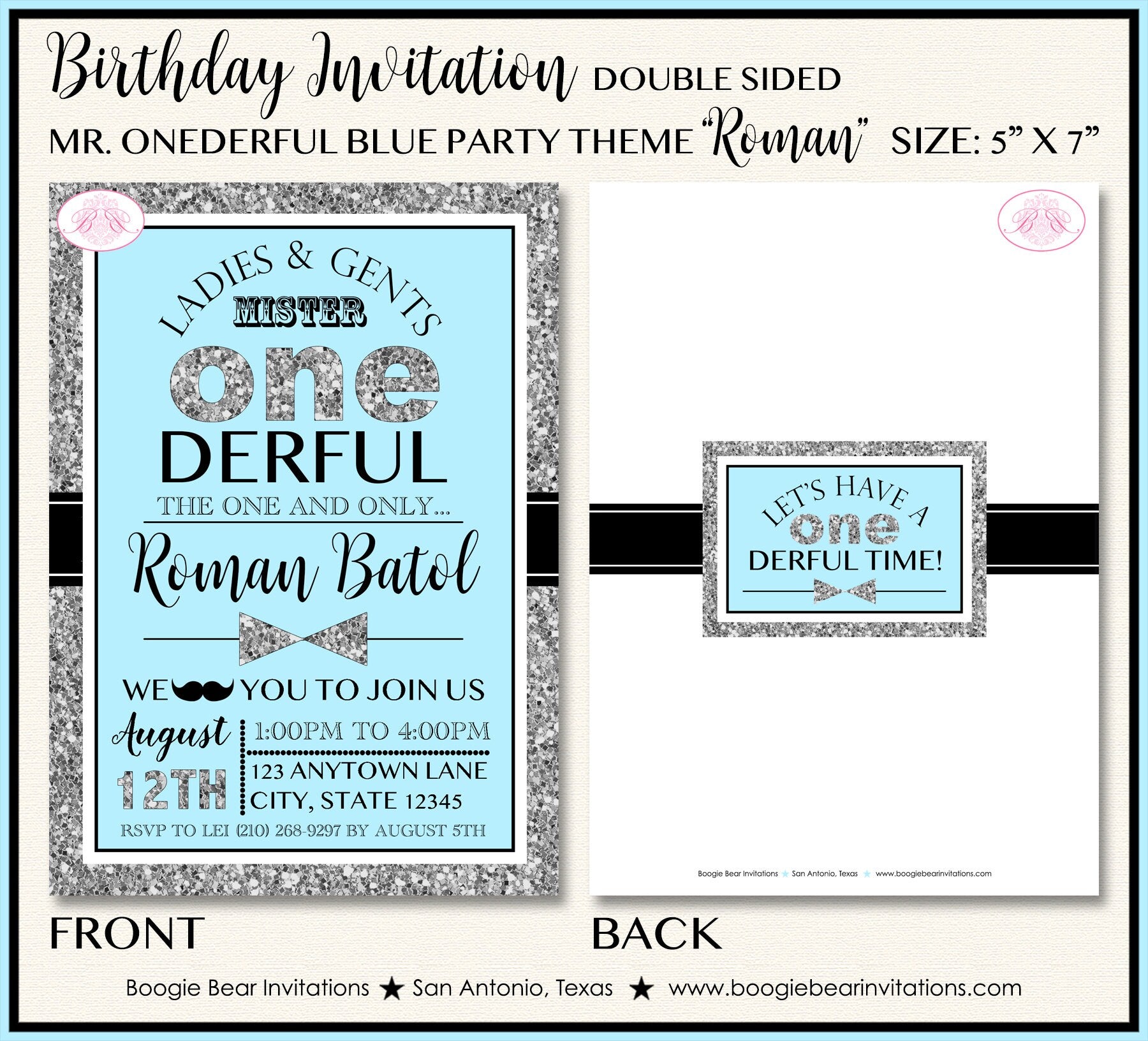 Mr Wonderful Birthday Party Invitation Bow Tie Little Man Black Blue O –  Boogie Bear Invitations, image size:1800x1632