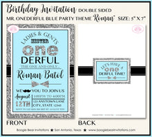 Load image into Gallery viewer, Mr Wonderful Birthday Party Invitation Bow Tie Little Man Black Blue ONE 1st Boogie Bear Invitations Roman Theme Paperless Printable Printed