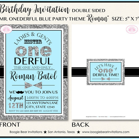 Mr Wonderful Birthday Party Invitation Bow Tie Little Man Black Blue ONE 1st Boogie Bear Invitations Roman Theme Paperless Printable Printed