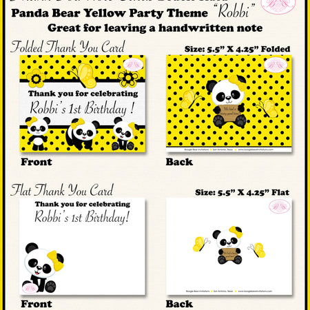 Panda Bear Birthday Party Thank You Card Girl Yellow Black Little Butterfly Wild Zoo Jungle Boogie Bear Invitations Robbi Theme Printed