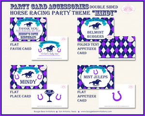 Horse Racing Birthday Party Favor Card Tent Appetizer Place Sign Purple Blue Kentucky Derby Jockey Track Boogie Bear Invitations Mindy Theme