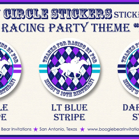 Horse Racing Birthday Party Stickers Circle Sheet Round Tag Purple Blue Kentucky Race Track Derby Argyle Boogie Bear Invitations Mindy Theme