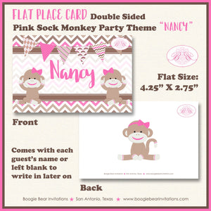 Pink Sock Monkey Birthday Favor Party Card Tent Place Food Appetizer Tag Girl Wild Zoo Jungle Amazon Boogie Bear Invitations Nancy Theme
