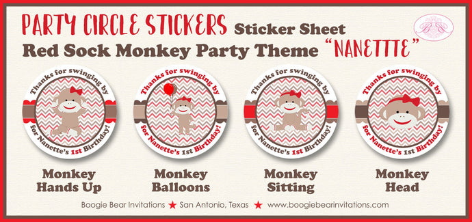 Red Sock Monkey Birthday Party Circle Stickers Sheet Round Girl Boy Zoo Jungle Amazon Forest Swing Boogie Bear Invitations Nanette Theme