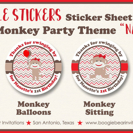 Red Sock Monkey Birthday Party Circle Stickers Sheet Round Girl Boy Zoo Jungle Amazon Forest Swing Boogie Bear Invitations Nanette Theme