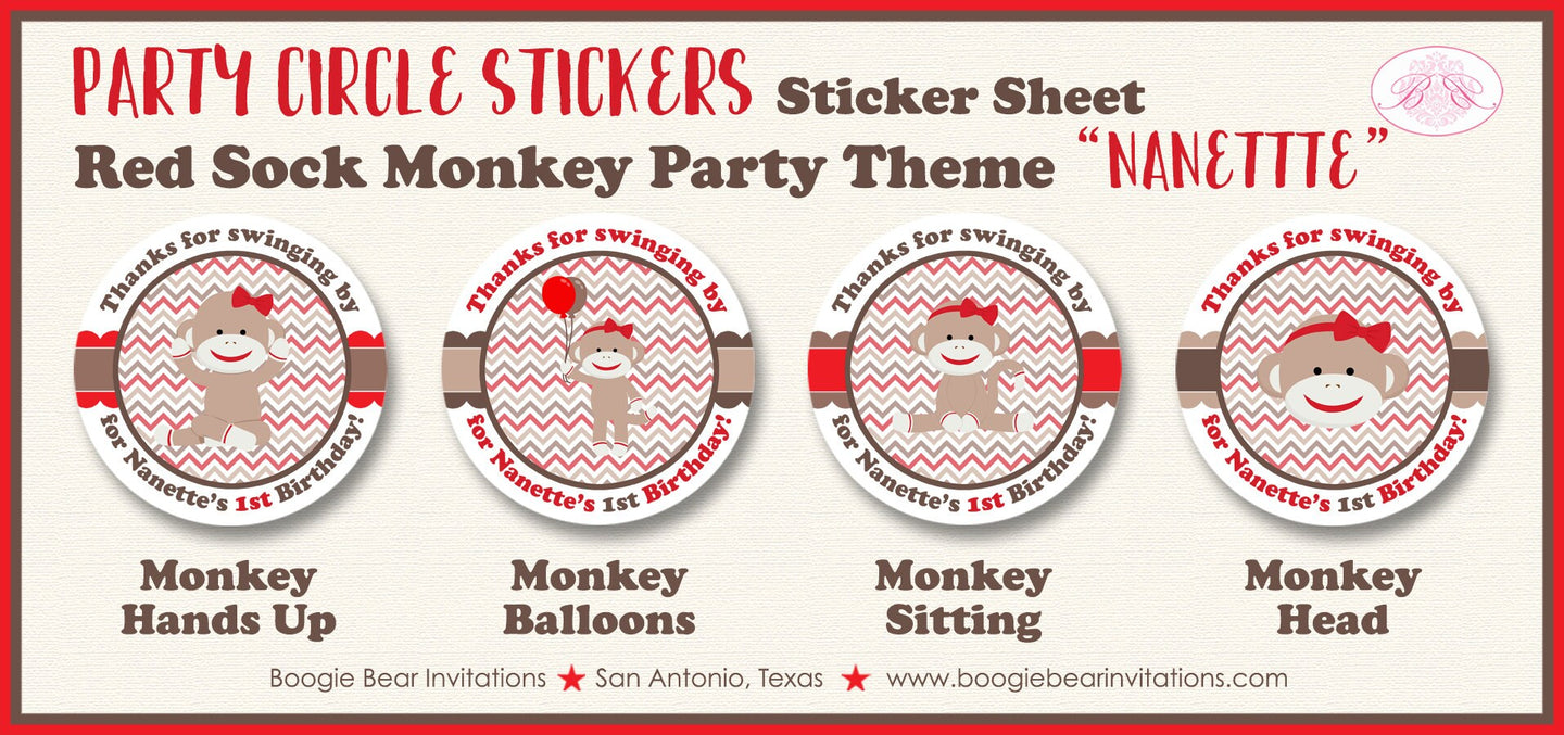 Red Sock Monkey Birthday Party Circle Stickers Sheet Round Girl Boy Zoo Jungle Amazon Forest Swing Boogie Bear Invitations Nanette Theme