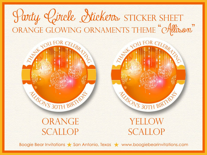 Orange Glowing Ornament Party Stickers Circle Sheet Round Birthday Girl Christmas Snowflake Glow Star Boogie Bear Invitations Allison Theme